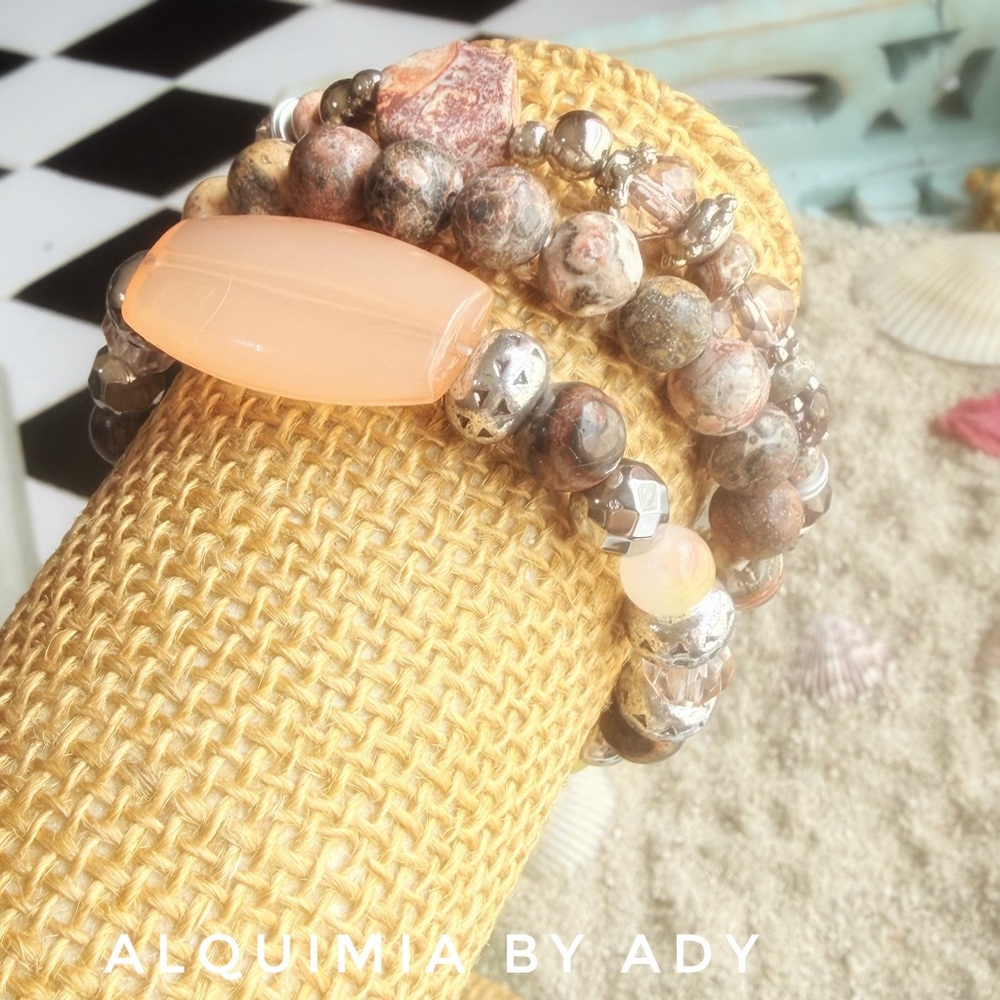 CURATED STACK Peach and Silver Layered Beaded Bracelet Set